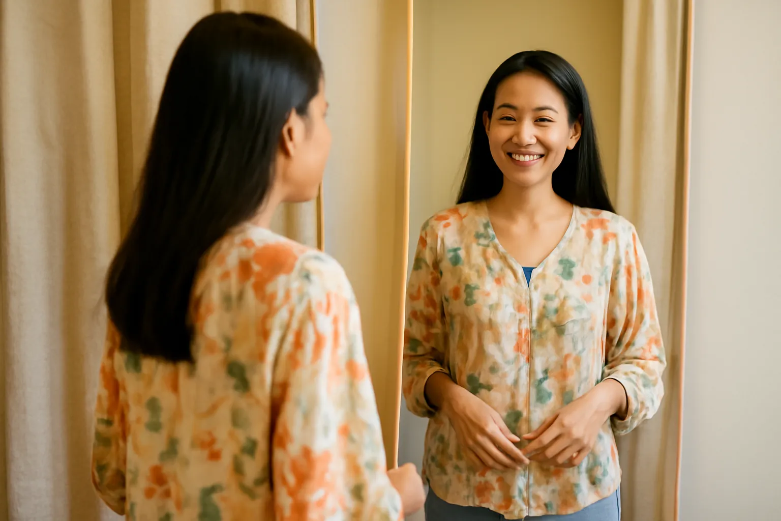 Người phụ nữ thử áo trong phòng thử rèm vải, nhìn gương mỉm cười