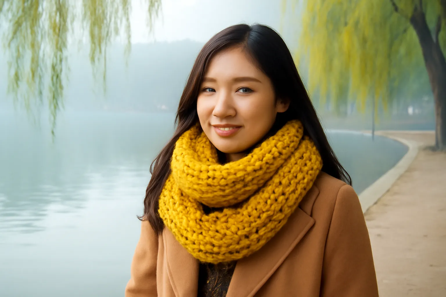 Cô gái quàng khăn len màu mù tạt bên hồ Gươm sương sớm mùa đông