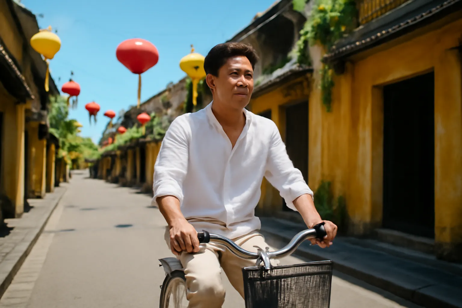 Người đàn ông áo lanh trắng đi xe đạp qua phố cổ Hội An trưa nắng