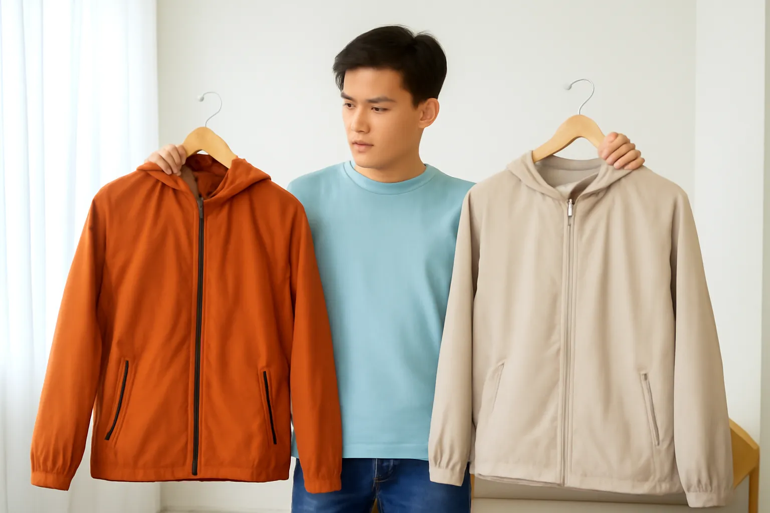 Chàng trai cầm hai chiếc áo khoác so sánh trong phòng thử đồ sáng