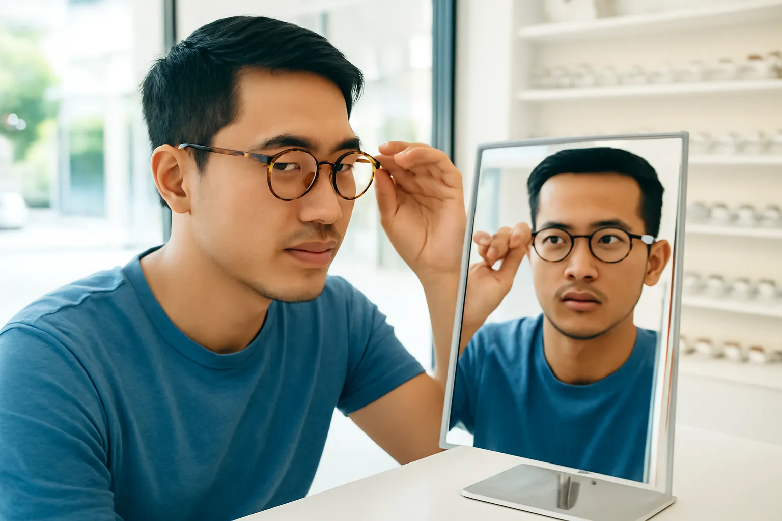 Người đàn ông thử gọng kính trước gương tiệm kính, phản chiếu nghiêng