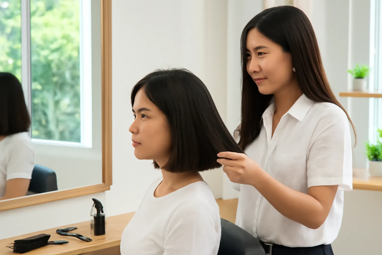 Cô gái ngồi ghế salon, thợ cầm lọn tóc ngang cằm trước gương sáng