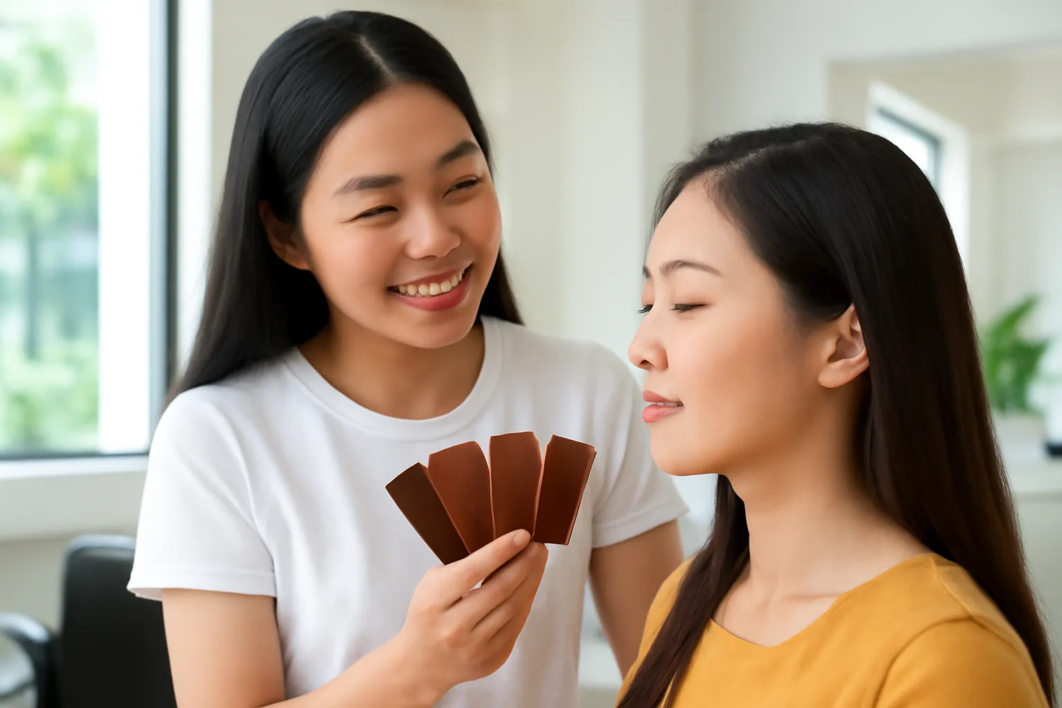 Thợ tóc đặt các lọn tóc mẫu màu nâu cạnh má khách trong salon sáng