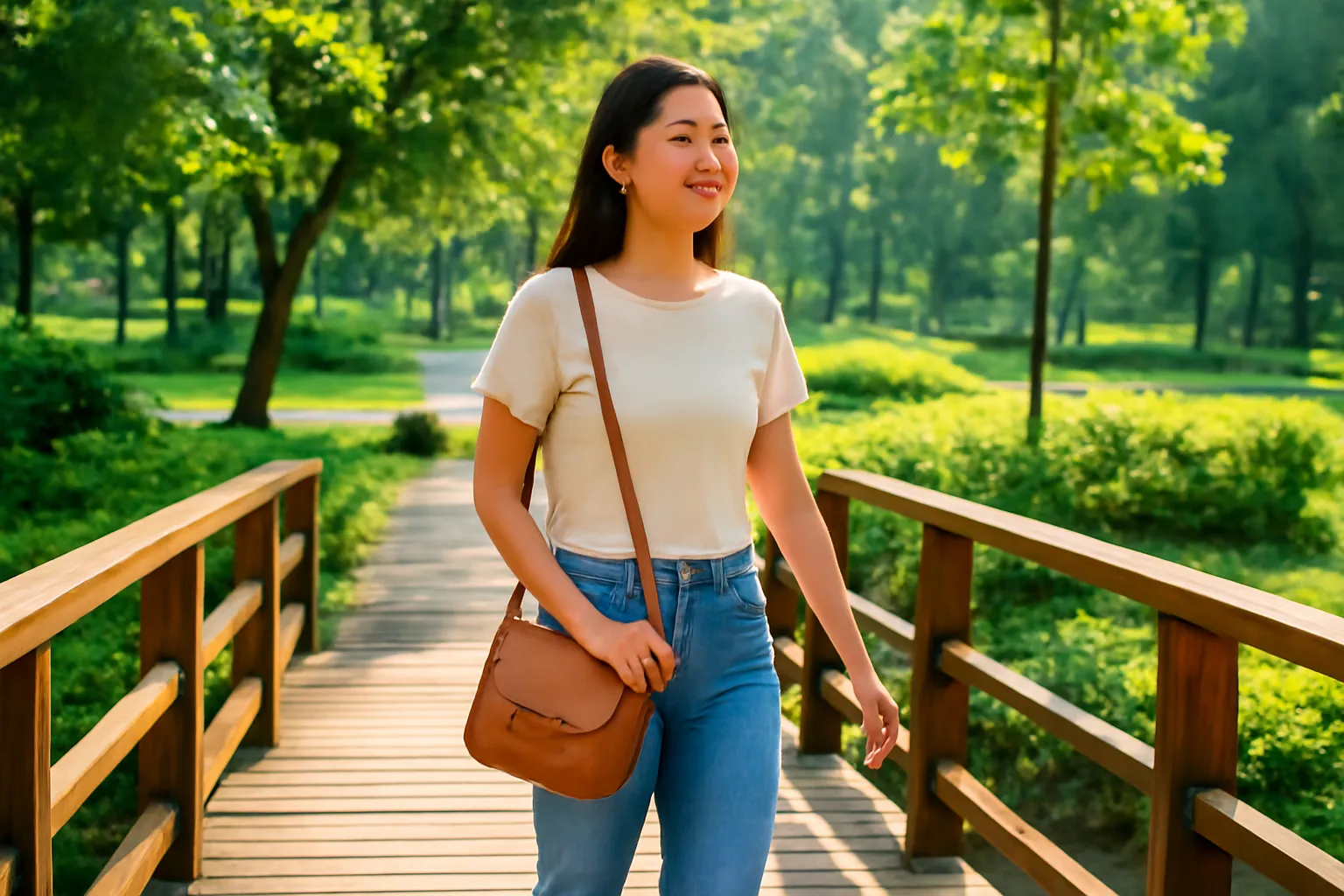 Cô gái đeo túi chéo cỡ vừa đi qua cầu gỗ trong công viên