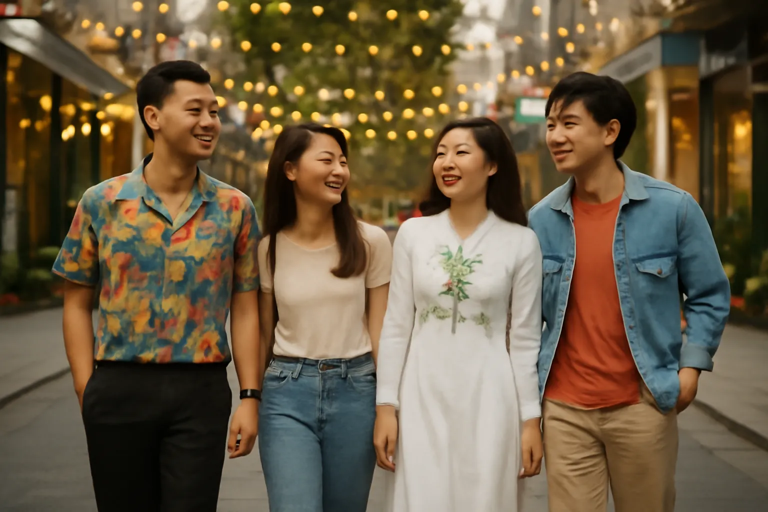 Nhóm bạn trẻ đi phố đi bộ buổi tối, mỗi người một phong cách