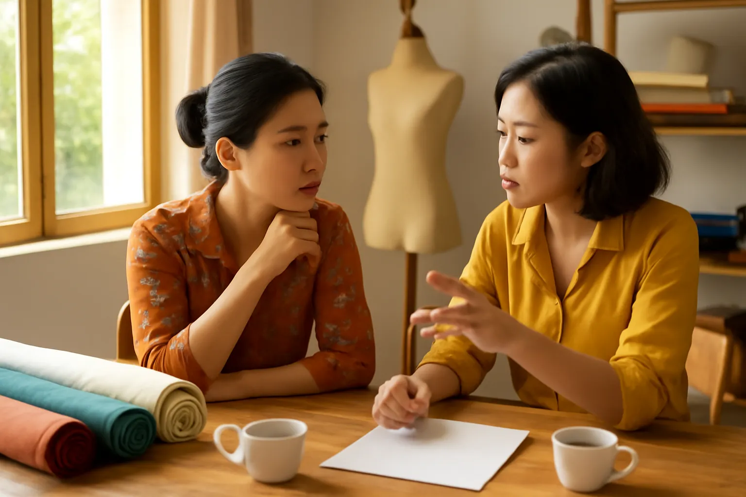 Hai người tạo mẫu trao đổi bên bàn gỗ với cuộn vải và cốc trà buổi chiều