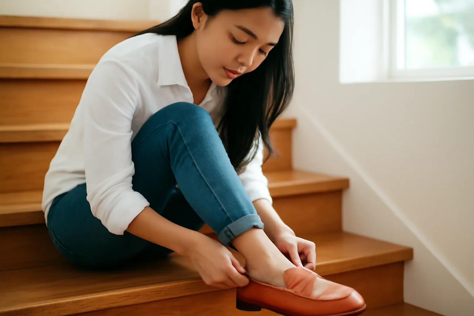 Cô gái ngồi bậc cầu thang đi tất mỏng vào đôi giày da mới