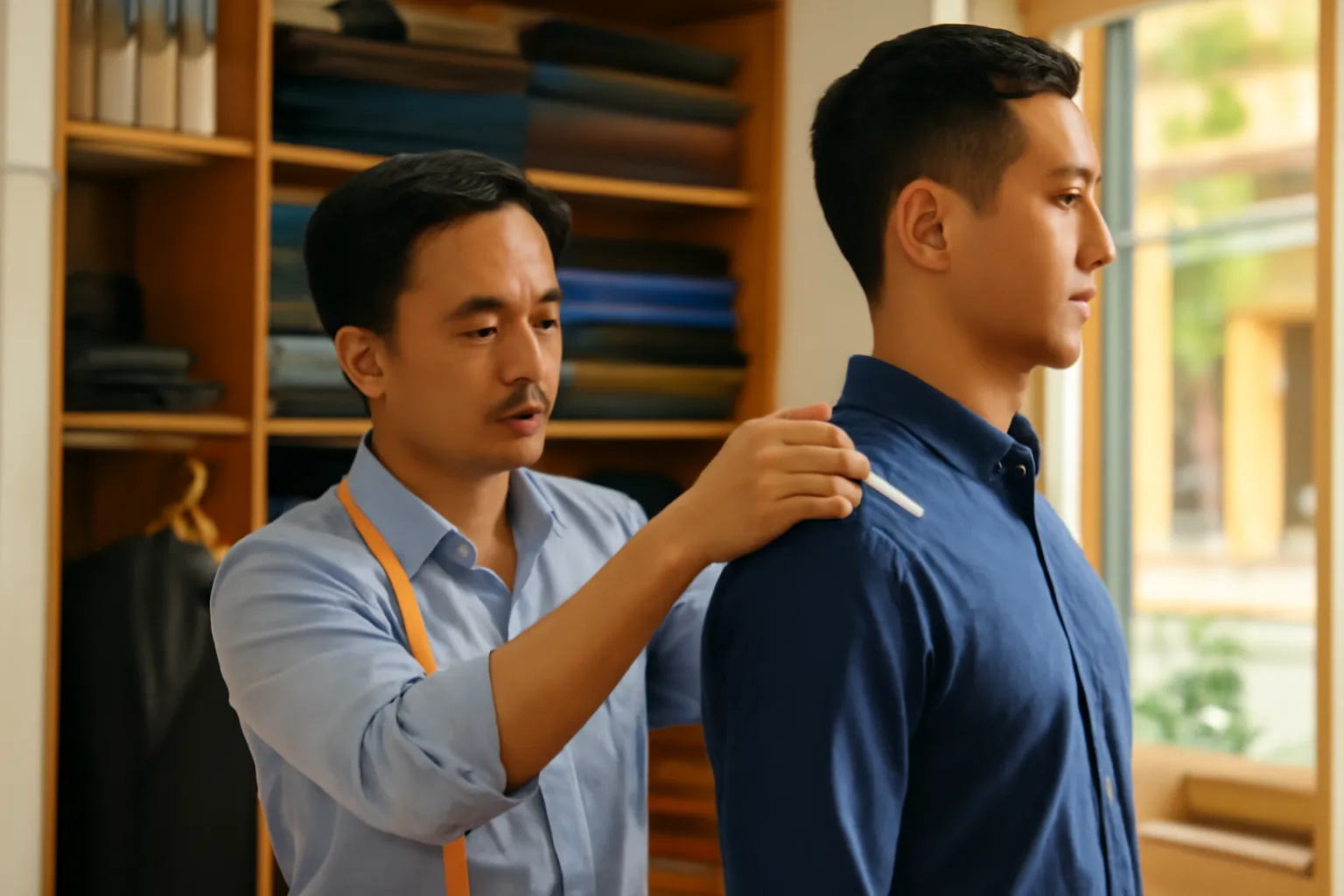 Thợ may đo vai cho khách nam bằng thước dây trong tiệm may phố