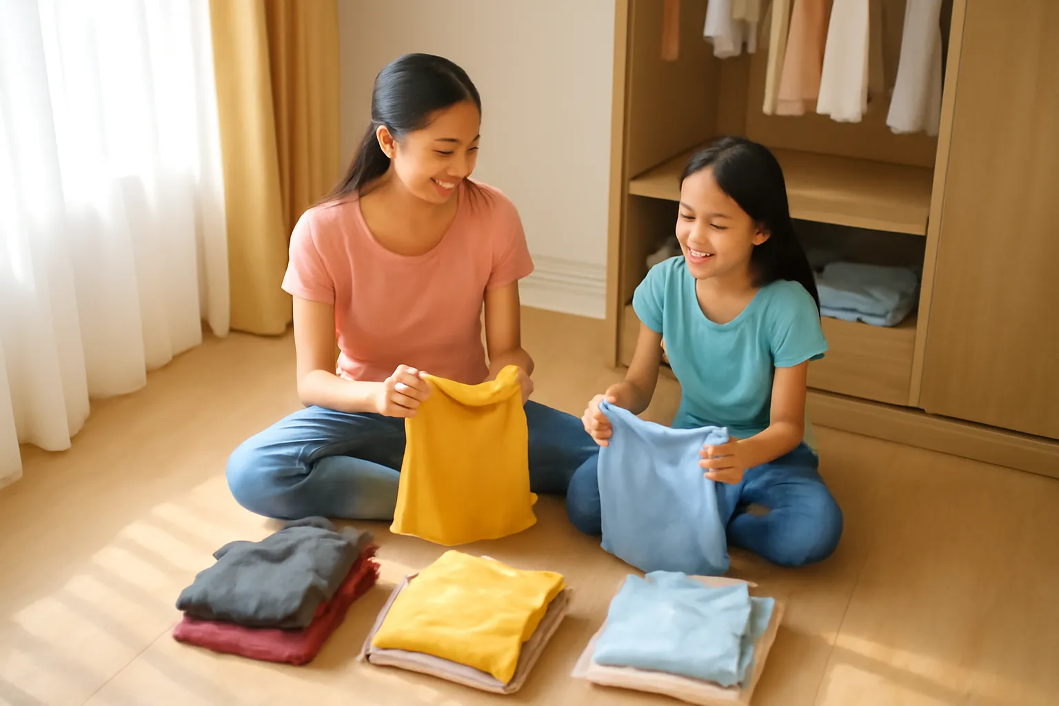 Hai chị em ngồi trên sàn phân quần áo thành ba đống trong phòng ngủ