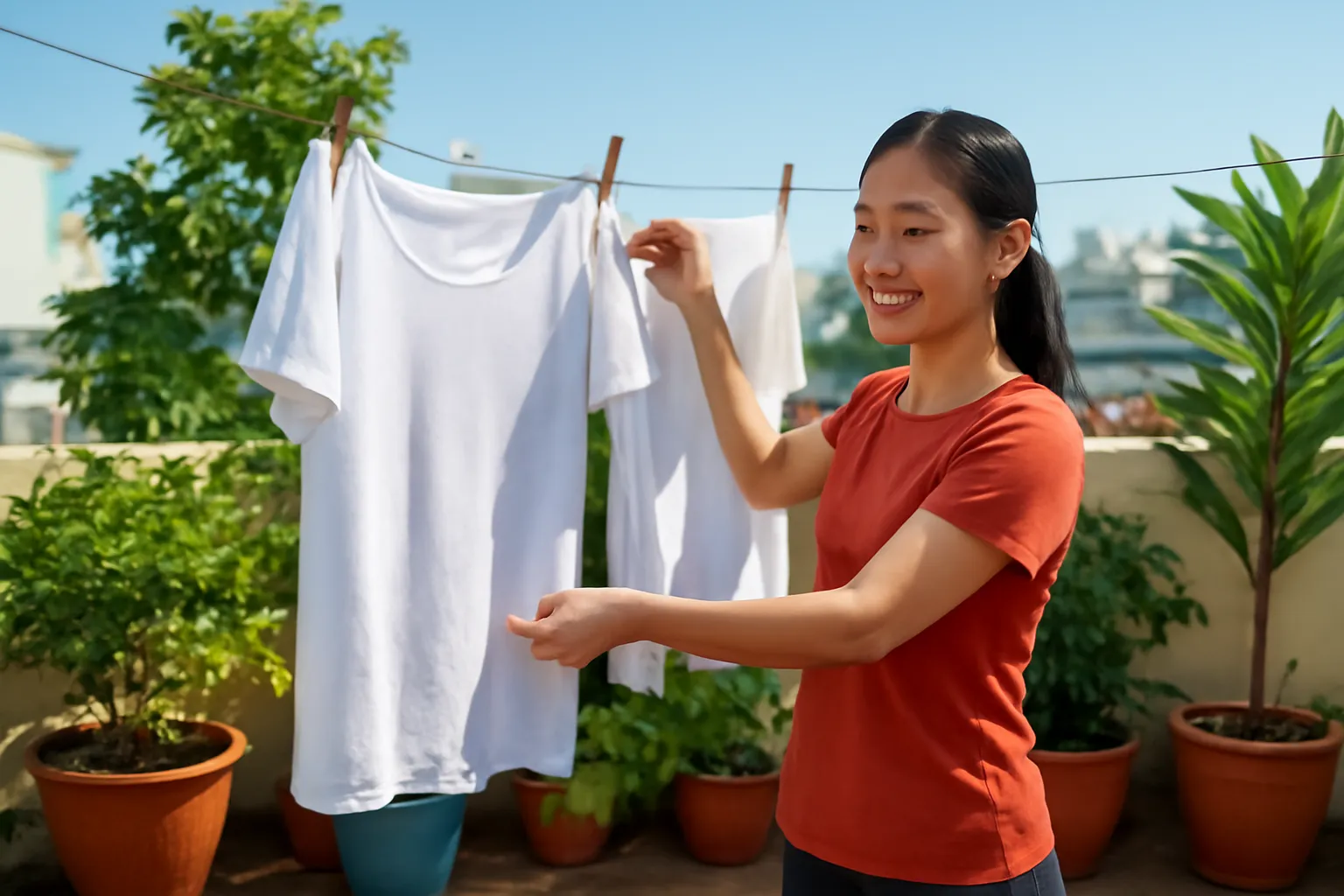 Chị phơi áo lộn trái trong bóng râm trên sân thượng với kẹp gỗ