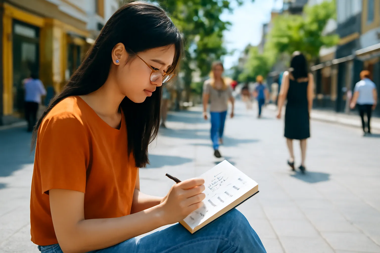 Bạn trẻ ngồi ghế đá ký hoạ trang phục người qua đường ở phố đi bộ