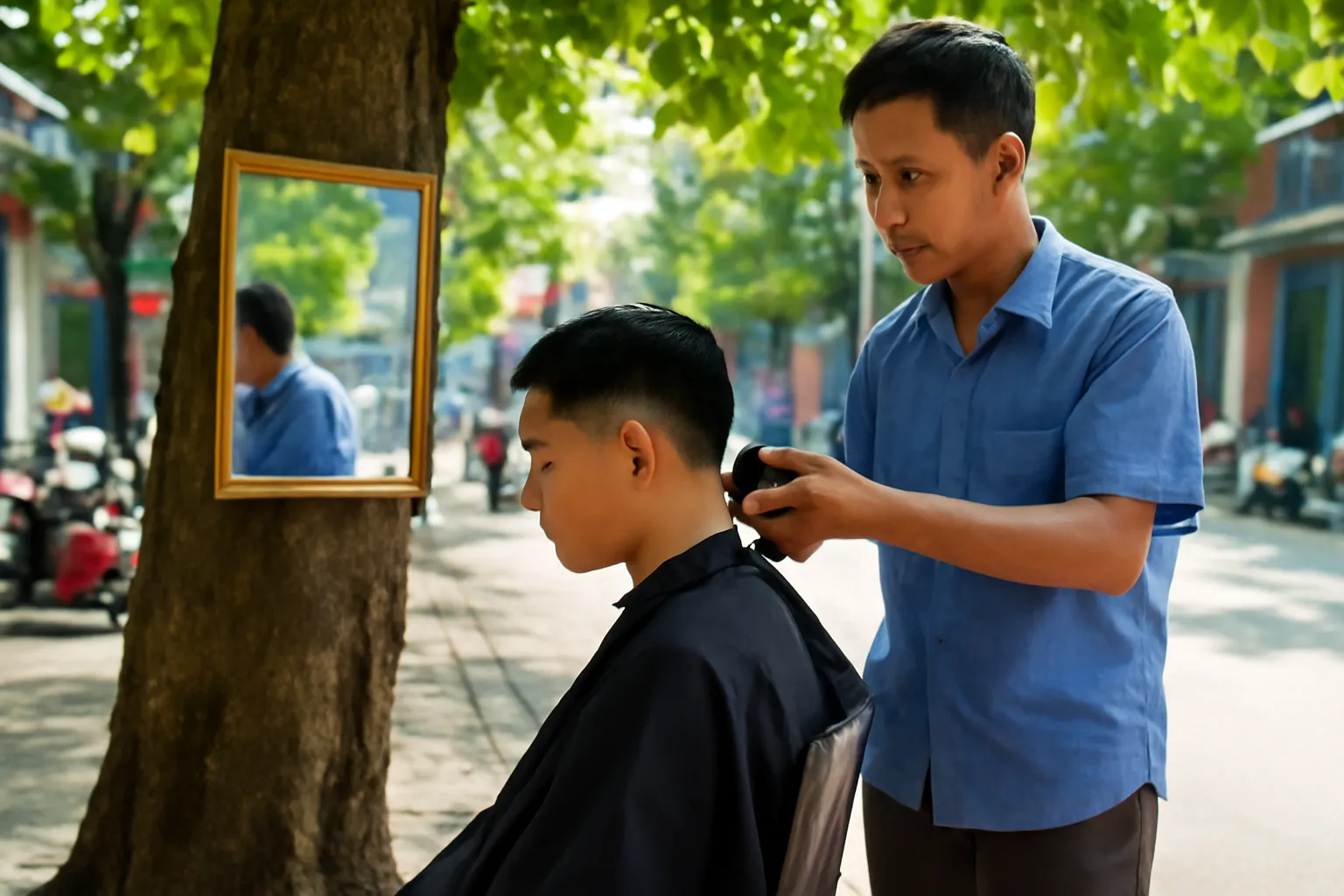Thợ cắt tóc vỉa hè cạo viền gáy cho chàng trai dưới gốc cây buổi sáng