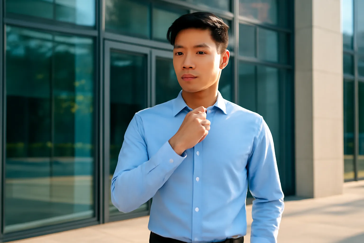 Chàng trai trẻ chỉnh cổ áo sơ mi trước cửa toà nhà kính buổi sáng