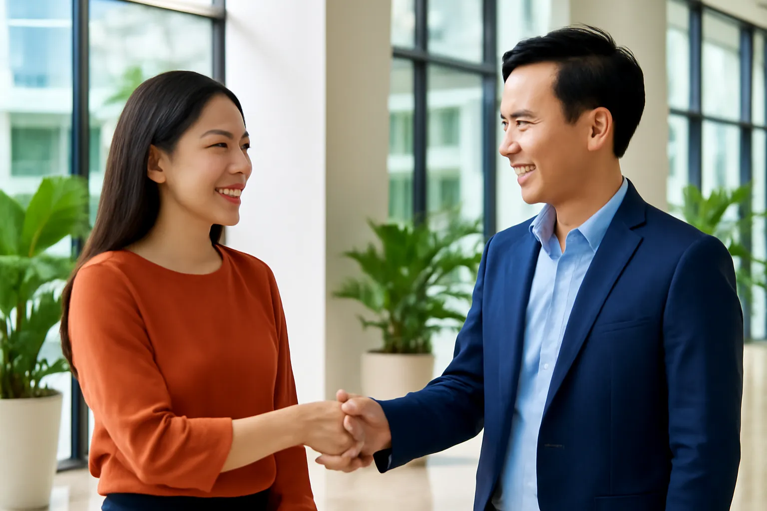 Hai người bắt tay ở sảnh văn phòng, một người mặc áo màu đất nung