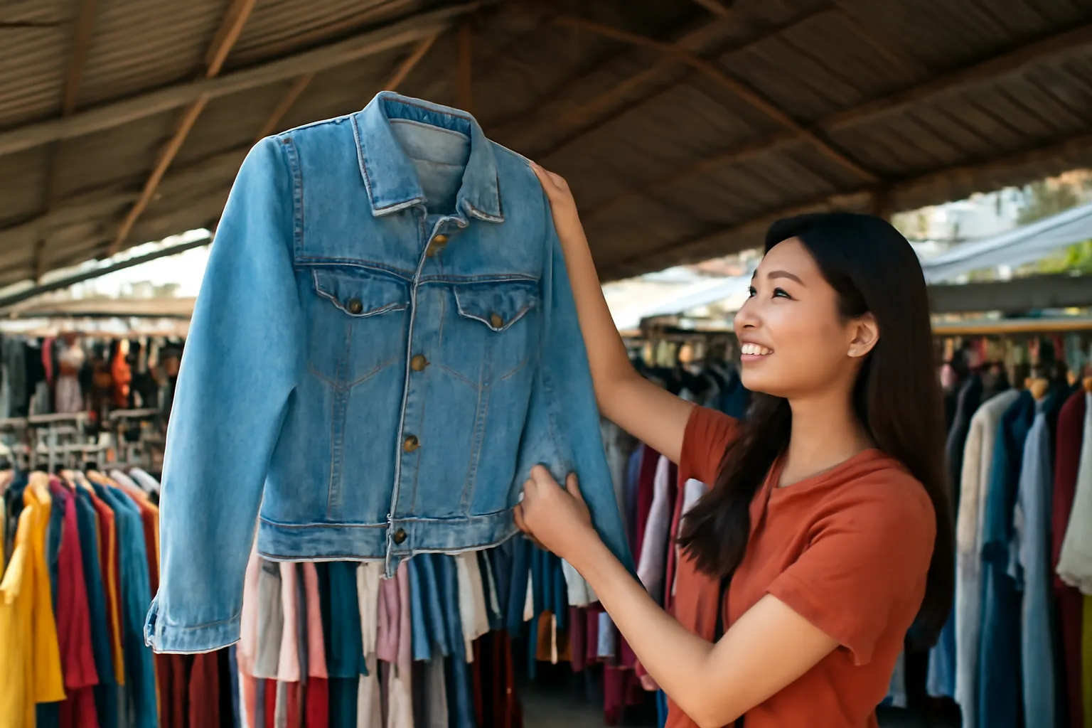 Cô gái lục giá đồ cũ trong chợ mái tôn, giơ áo khoác lên soi sáng