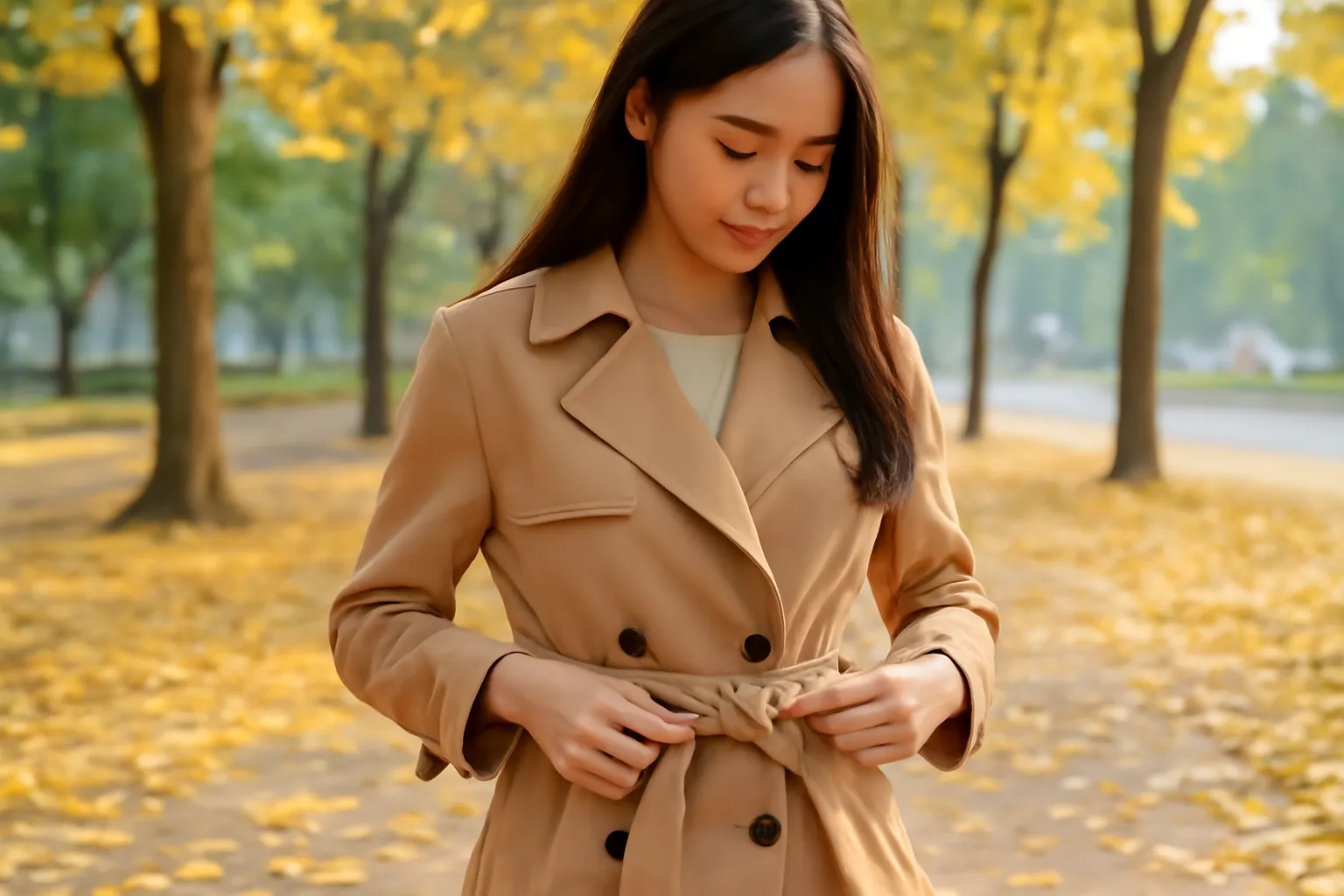 Cô gái mảnh khảnh thắt đai áo khoác vải trong công viên mùa thu Hà Nội