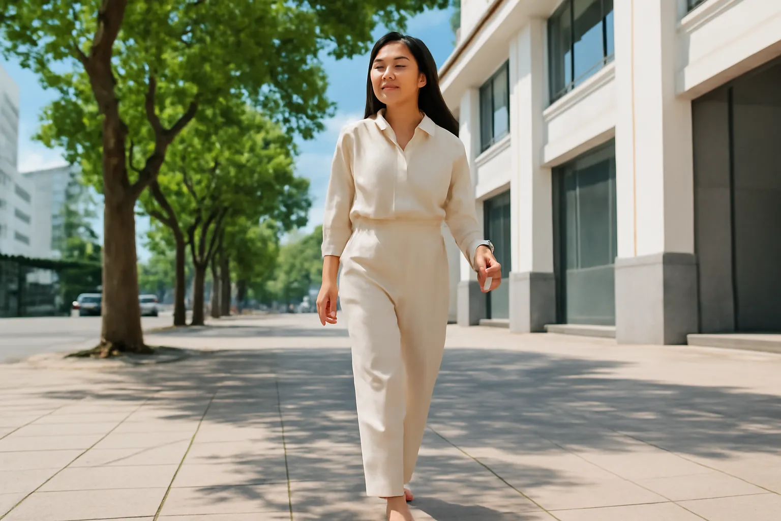 Cô gái nhỏ nhắn mặc bộ đồ một màu kem bước trên vỉa hè lát gạch