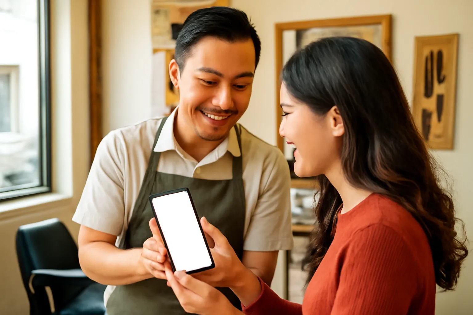 Khách và thợ tóc cùng nhìn ảnh mẫu trên điện thoại trong tiệm nhỏ