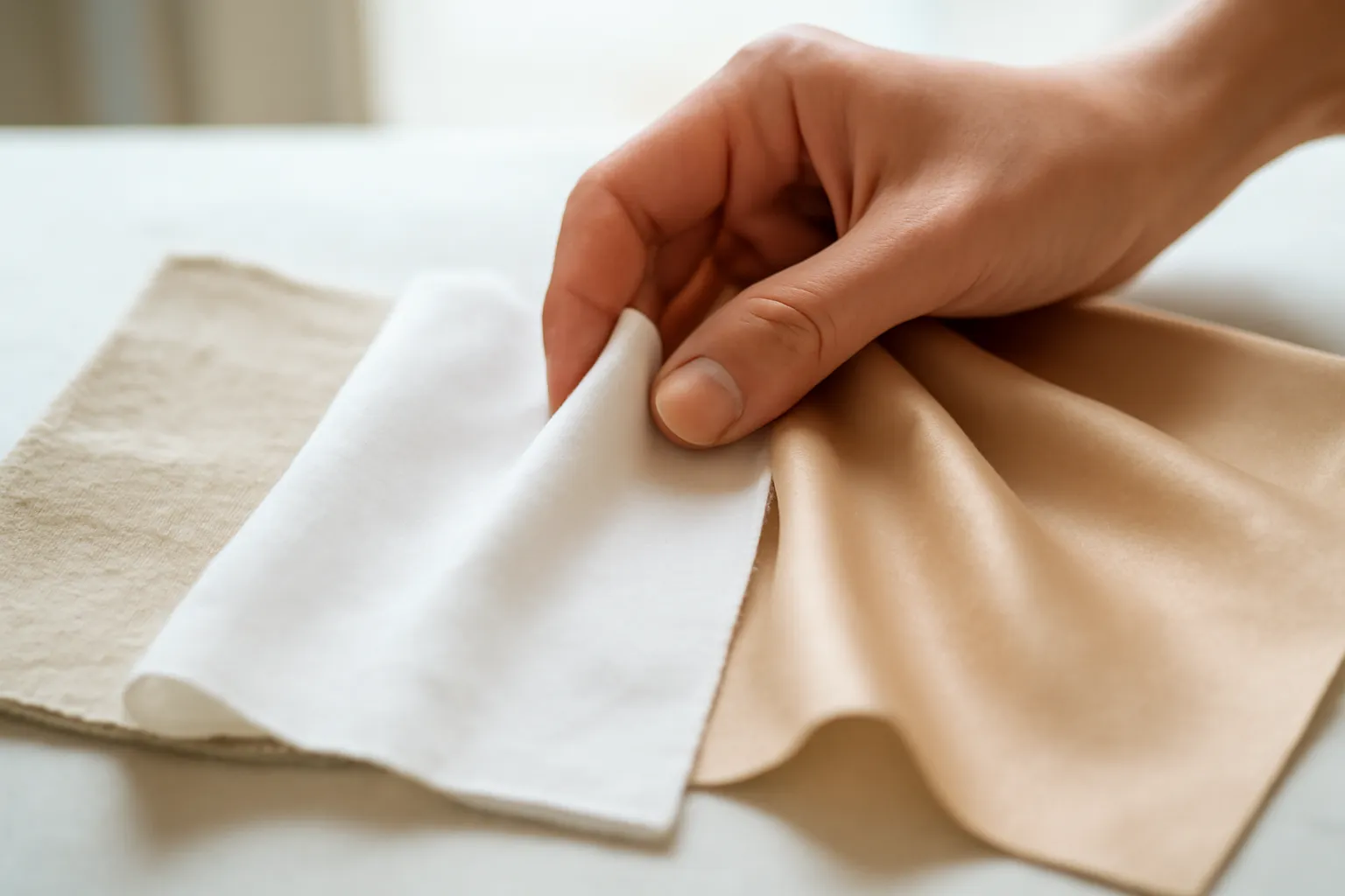 Bàn tay vò nhẹ các mảnh vải lanh, cotton, lụa trên bàn cắt tiệm may