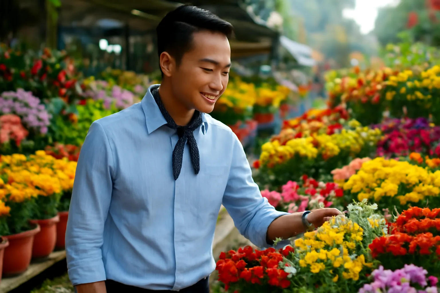 Chàng trai áo sơ mi kẻ nhỏ đeo khăn hoạ tiết chấm ở chợ hoa sáng sớm