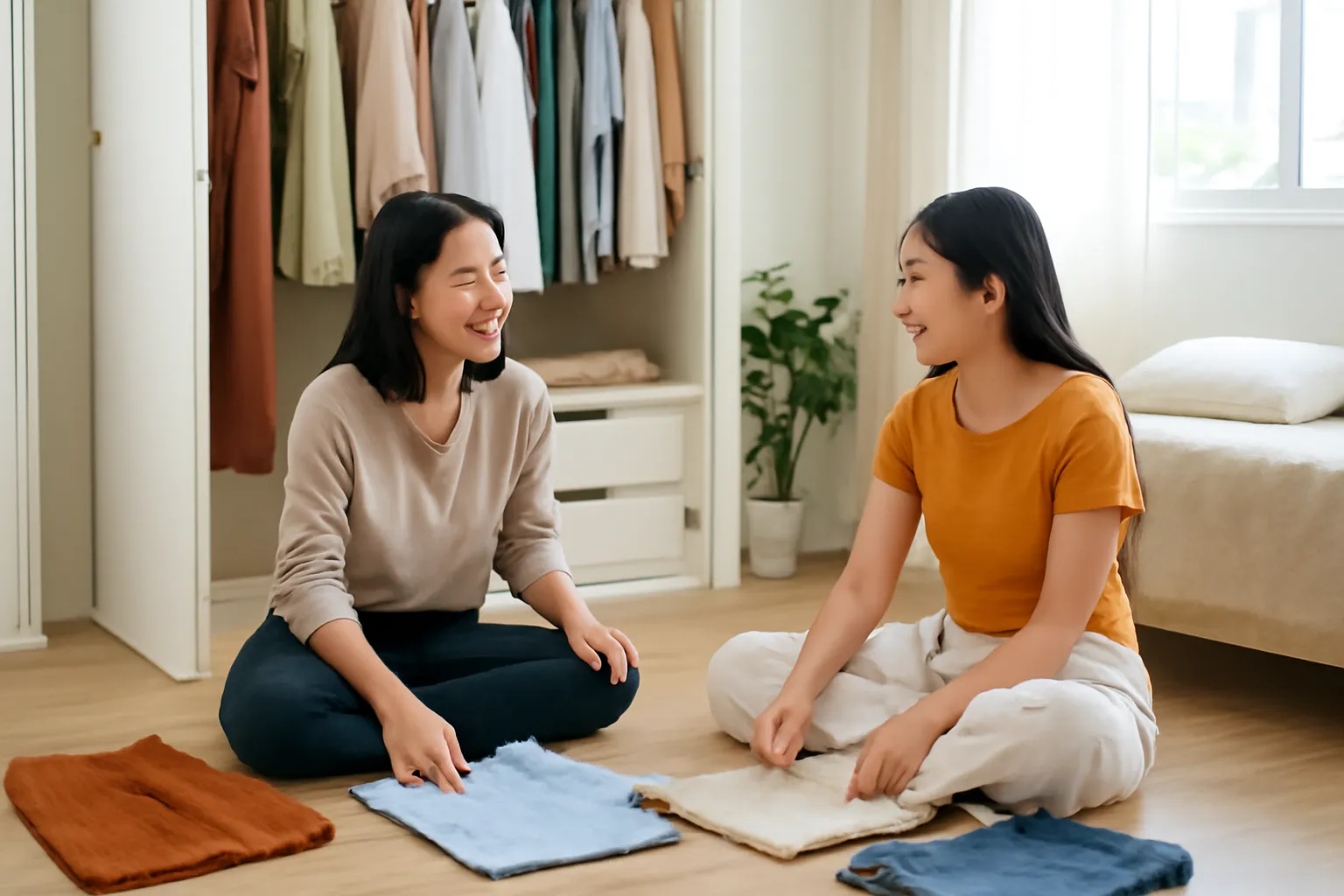 Người tạo mẫu và khách ngồi trên sàn mở tủ đồ trong căn hộ sáng