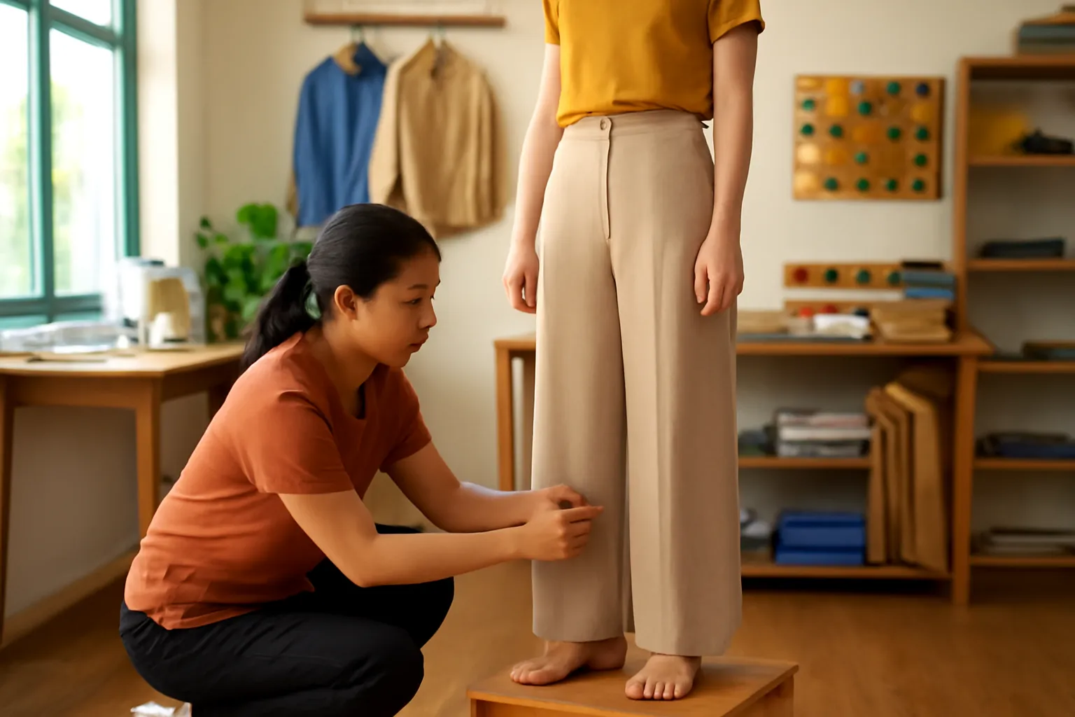 Cô thợ may ghim gấu quần trên người khách đứng trên bục gỗ