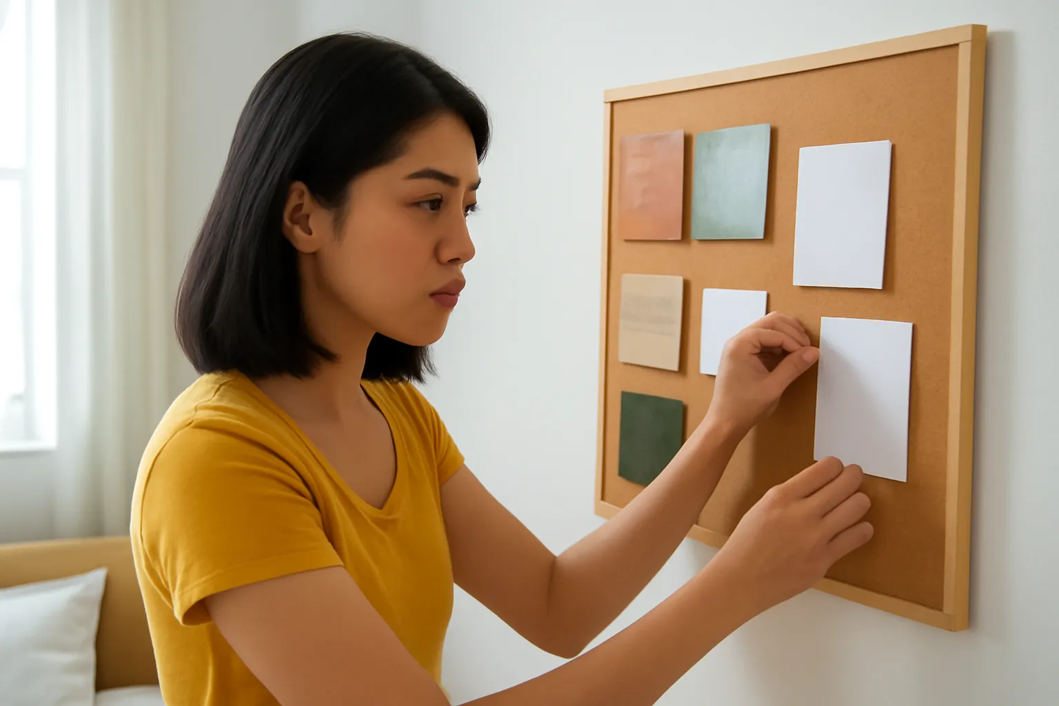 Cô gái ghim ảnh cắt úp mặt lên bảng bần treo trên tường phòng