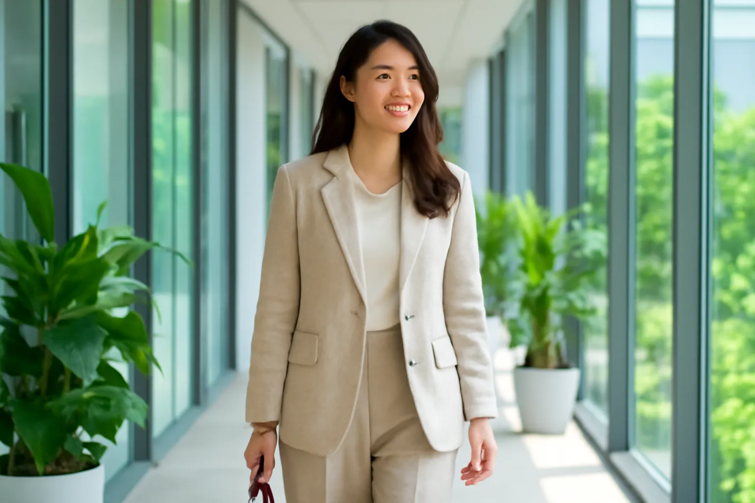 Nữ nhân viên áo blazer vải lanh đi qua hành lang văn phòng nhiều cây xanh