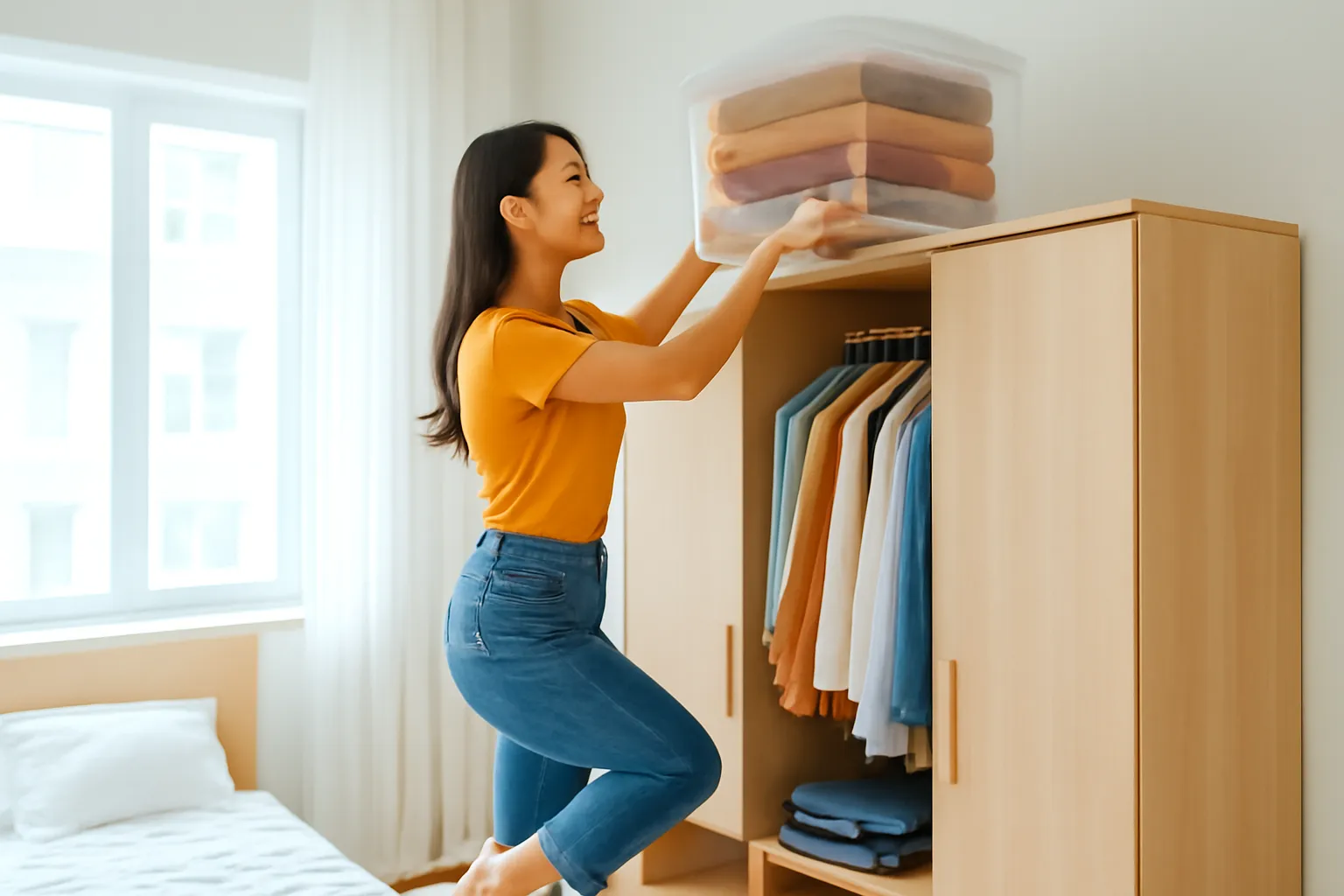 Người phụ nữ cất thùng nhựa trong đựng áo len lên nóc tủ quần áo