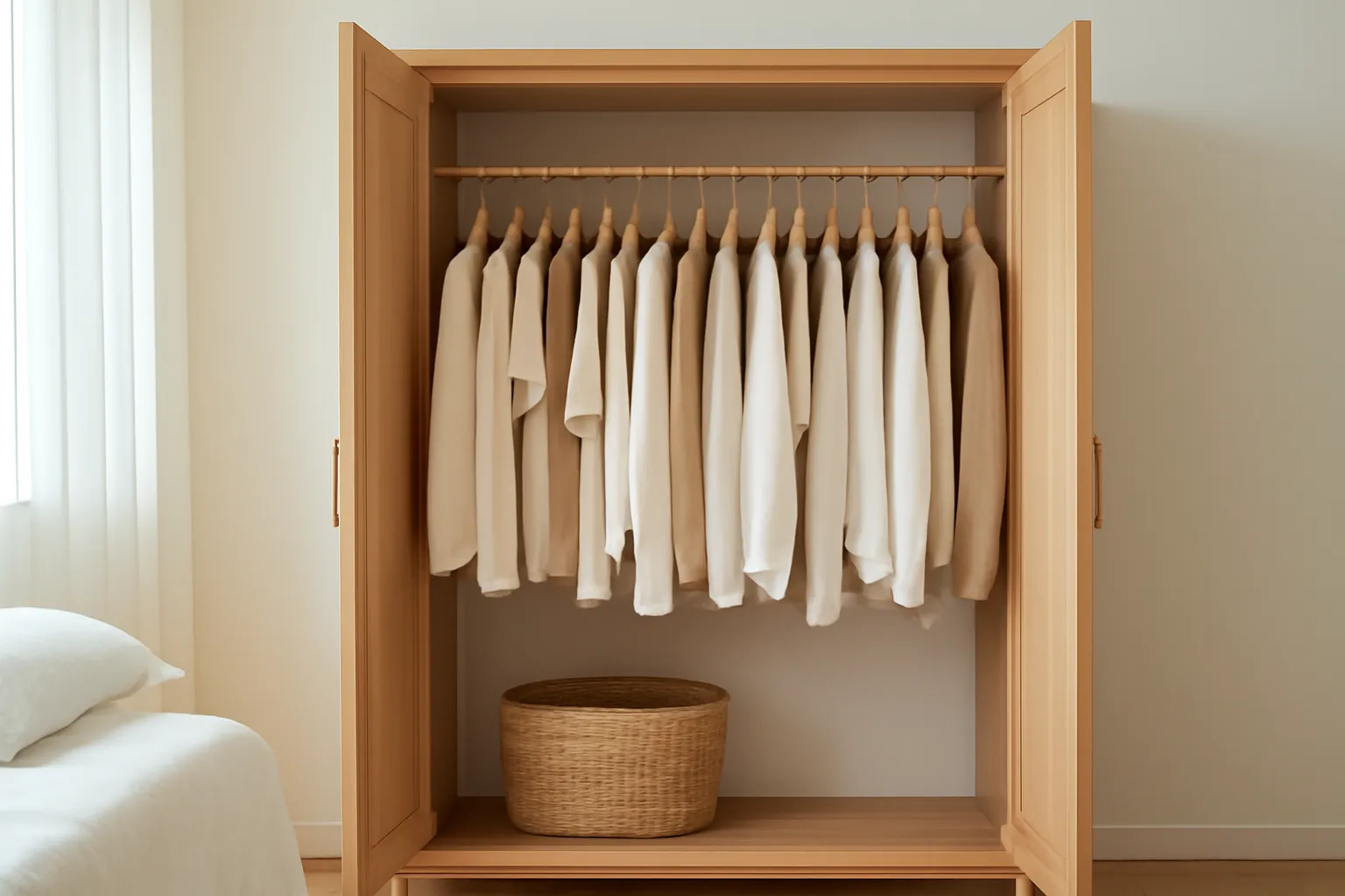 Tủ gỗ mở với khoảng hai chục món treo thưa và giỏ mây dưới đáy