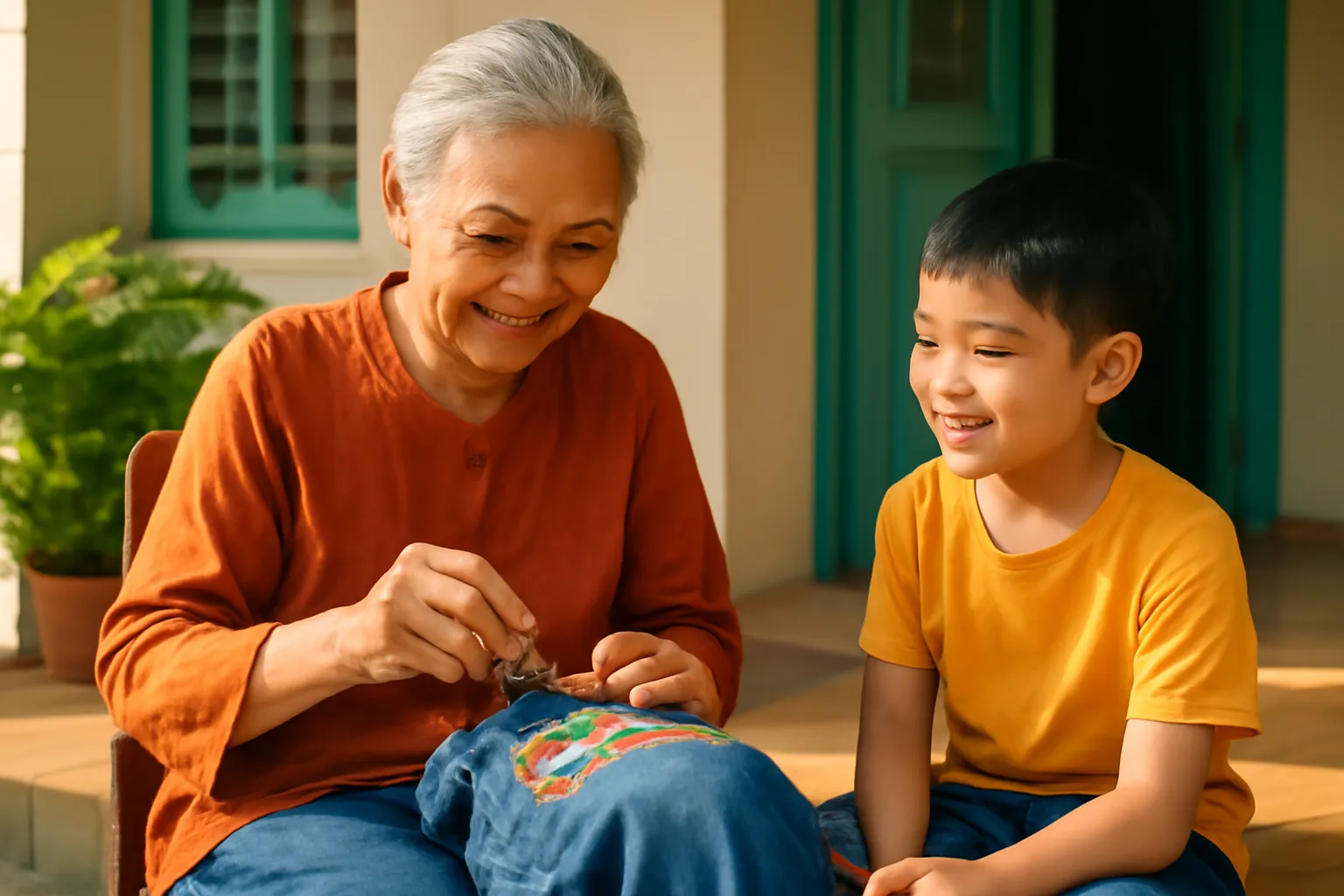Bà cụ khâu miếng vá lên đầu gối quần jean của cháu ngoài hiên nhà nắng