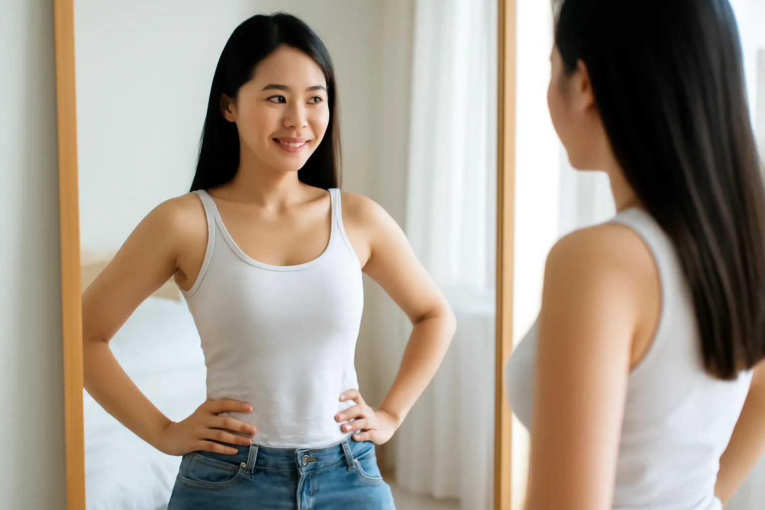 Cô gái đứng trước gương đứng trong phòng ngủ, tay đặt ngang eo